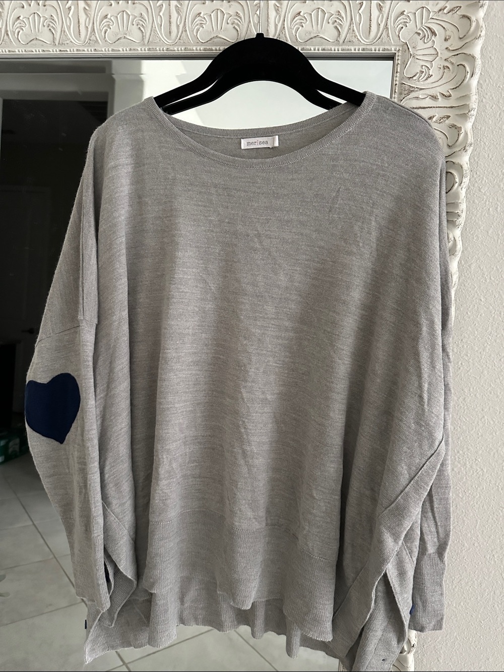 Mersea Gray Sweater with Navy Heart Elbow Patches